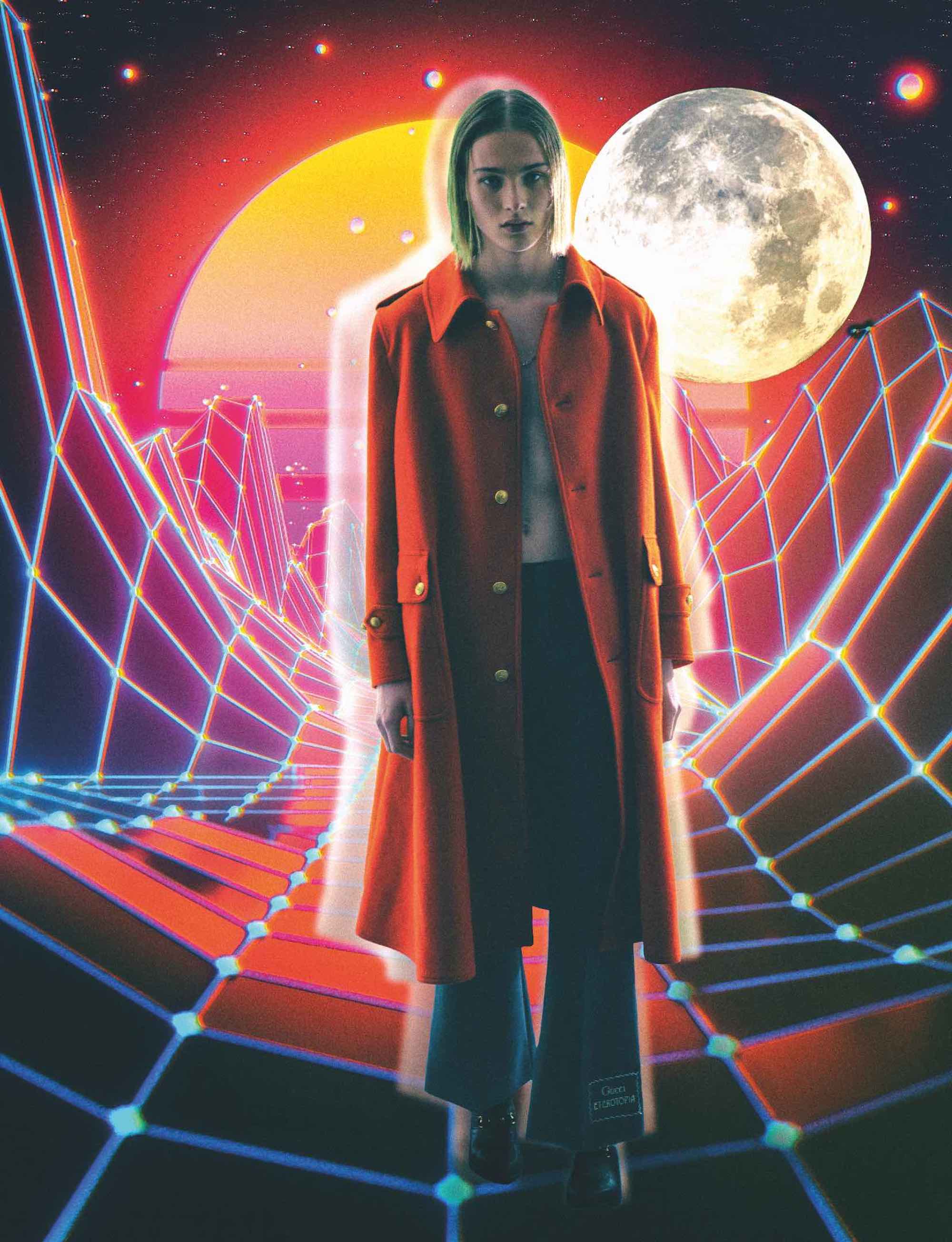 Gucci fashion editorial Spring issue Red long trench coat