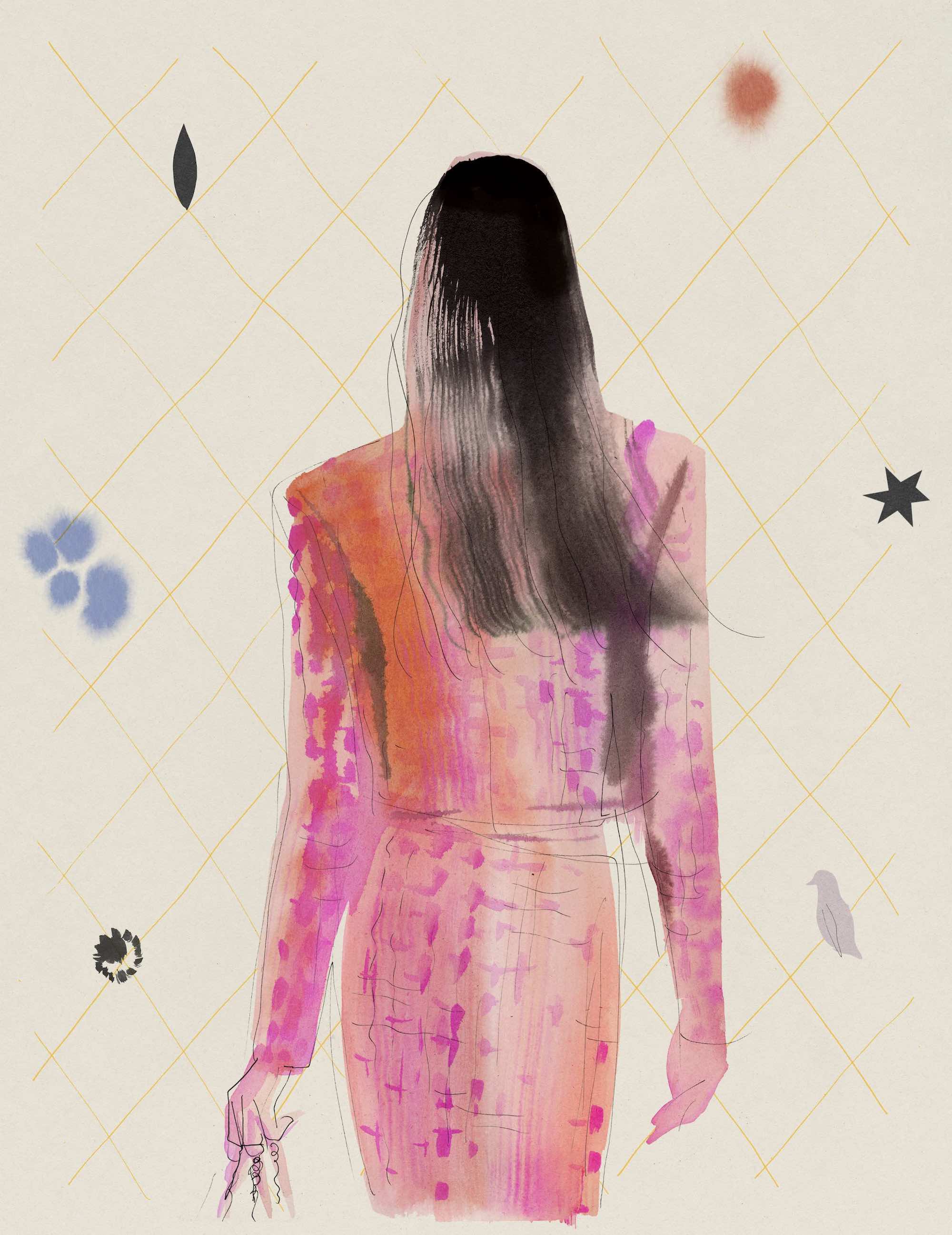 Chanel illustrated cover pink and orange suit