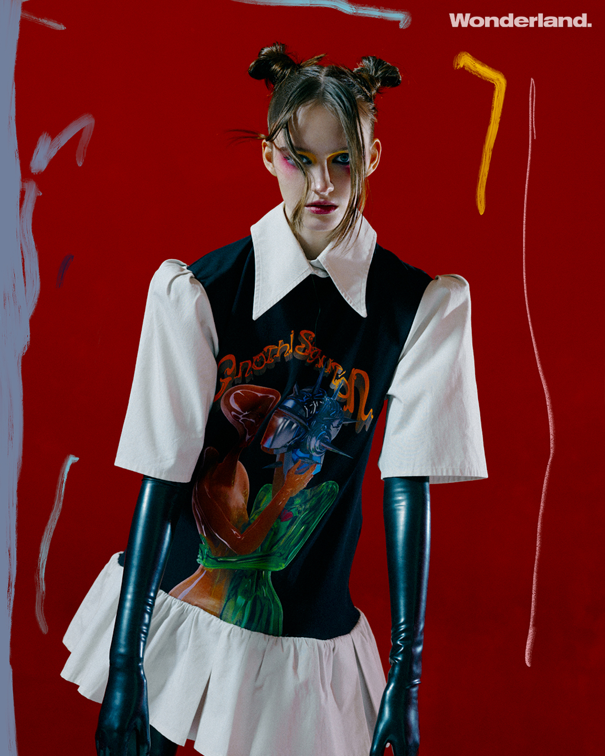 Fashion editorial red background jumper and shirt