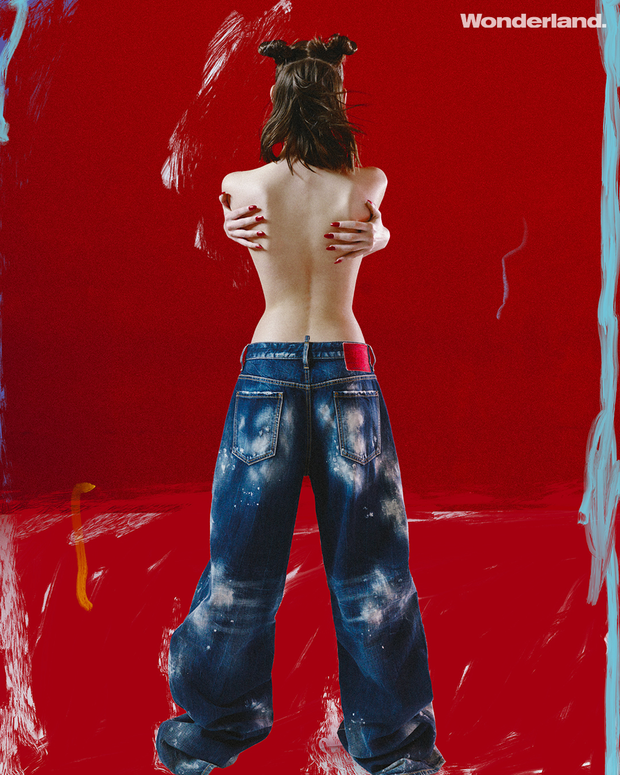 Fashion editorial red background jeans