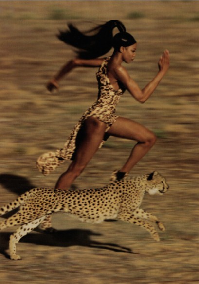 Naomi Campbell racing a cheetah for Jean Paul Goude