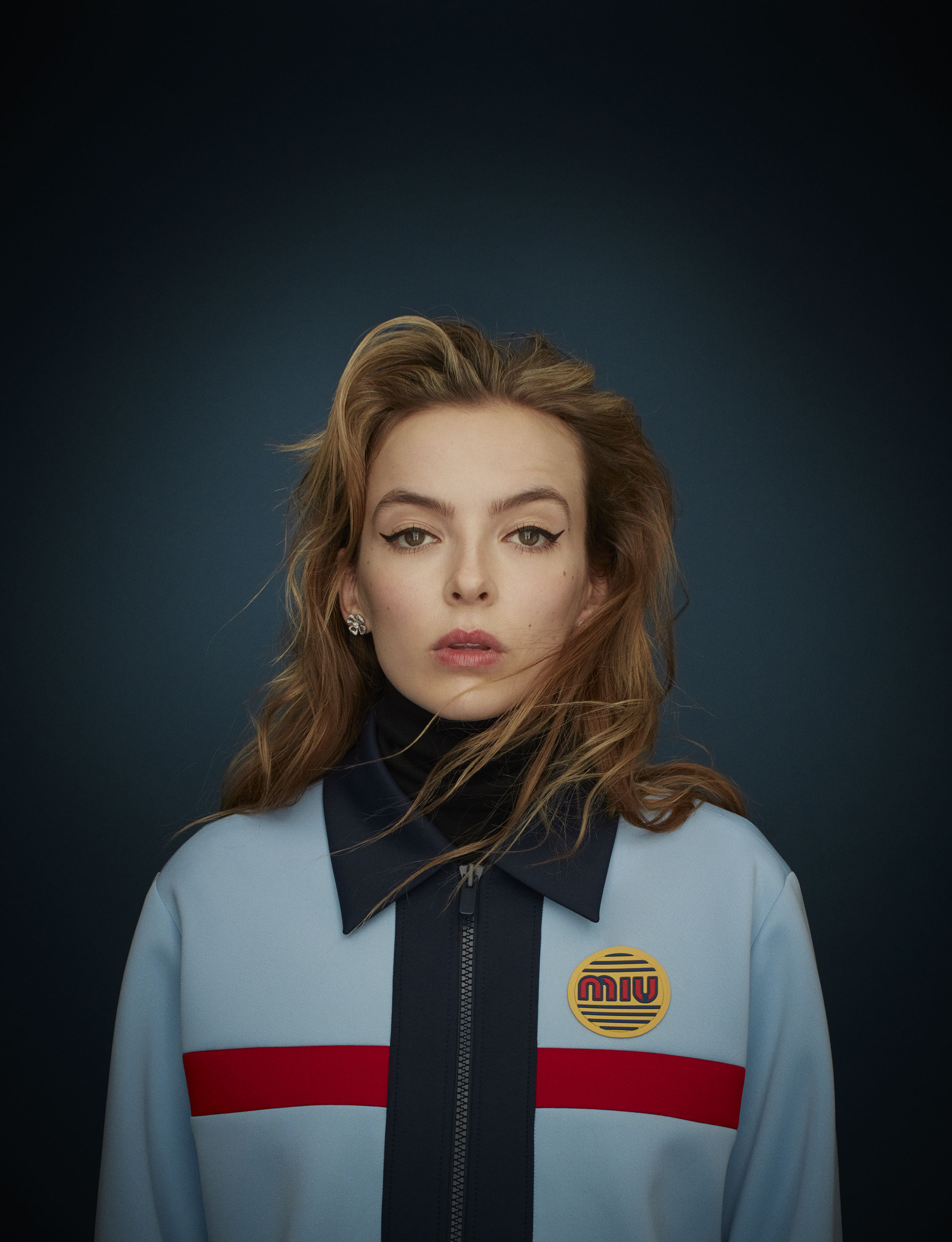 Killing Eve actress Jodie Comer on the cover of Wonderland Winter 18/19 blue jacket